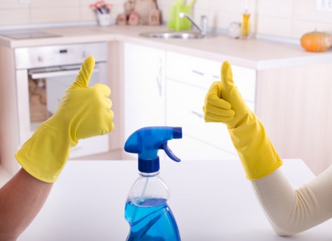 Carpet cleaning team preparing equipment safely
